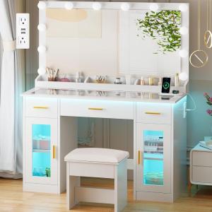 imageBEWISHOME Vanity Desk with Mirror and Lights White Makeup Vanity Table with Glass Top ampamp Stool434quot Large Makeup Desk with Power Outlet3 Storage DrawersDressing Table for Bedroom WomenGirls FST35W