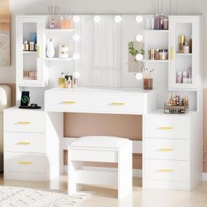 imageBEWISHOME Vanity Desk with Mirror and Lights591quot Large Makeup Vanity Table with Power Outlet and StoolDressing Table with 8 Drawers ampamp 6 Storage ShelvesWhite Makeup Vanitys for Bedroom Women FVT67W