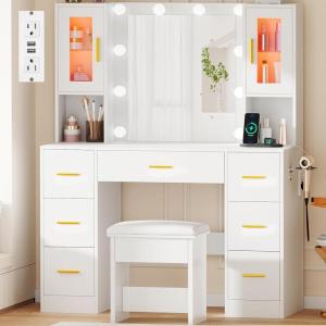 imageBEWISHOME Vanity Desk with Mirror and LightsWhite Makeup Vanity Table with Power Outlet and StoolLarge Makeup Desk with 7 DrawersDressing Table for Bedroom Dressing Room FST38W