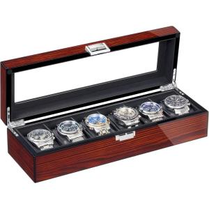 imageBEWISHOME Watch Box for Men 6Slot Wooden Watch Case Watch Display Case Watch Storage Watch Holder Organizer for Men Watch Display with Glass Lid Brown SSH06Y