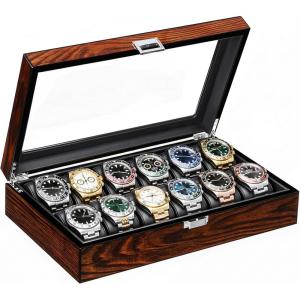 imageBEWISHOME Watch Case 12Slot Watch Box with Large Glass Lid Wooden Watch Box Organizer for Men Watch Storage with Removable Watch Pillows Synthetic Leather Interior Brown SSH12Y12 Solts