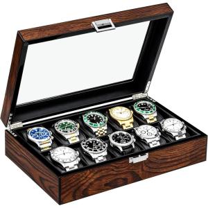imageBEWISHOME Watch Case 12Slot Watch Box with Large Glass Lid Wooden Watch Box Organizer for Men Watch Storage with Removable Watch Pillows Synthetic Leather Interior Brown SSH12Y10 Solts