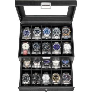 imageBEWISHOME Watch Case 20Slot Watch Box Organizer for Men Watch Case with Large Glass Lid Watch Travel Case Removable Watch Pillows Mens Jewelry Box Watch Display Case Watch Storage Black SSH04CBlackBlack