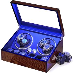 imageBEWISHOME Watch Winders for Automatic Watches Automatic Watch Winder Box Watch Spinner with LED Light 4 Watch Winder with Quiet Running Motor and 6 Storage Case for ManWomans Watches Brown SYQ01Y