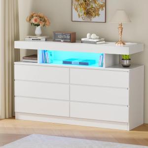 imageBEWISHOME White Dresser for Bedroom with Charging Station and LED Lights Wood 6 Drawer Dresser TV Stand with Open Space Modern Wide Dressers Chest of Drawers for Closet Living Room White KCG02WWhite