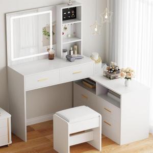 imageBEWISHOME White Vanity Desk with Mirror and LightsMakeup Vanity L Shape Change Makeup Desk with 6 Drawers Stool Power Outlet Jewelry StorageDressing Table with Dresser for Bedroom Girls Women FST26W