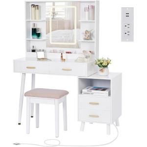imageBEWISHOME White Vanity Desk with Mirror and LightsMakeup Vanity Table with Power OutletMovable NightstandMakeup Desk with 3 Colors ModesDressing Table with Sliding Mirror for Bedroom Girls FST18W