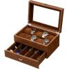 imageBEWISHOME Watch Box for Men Watch Case 10 Slots Watch Organizer with Drawer for Sunglass and Watch Storage Large Glass Top Faux LeatherBrown SSH34Z