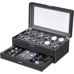 imageBEWISHOME 12 Slot Double Layer Watch Box Watch Cases for Men with Real Glass Lid Watch Holder for Rings Glasses Mens Jewelry Birthday for Father Husband Black SSH02L