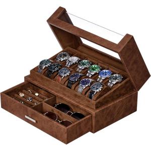 imageBEWISHOME 12 Slot Watch Box Organizer Watch Cases for Men Watch Display Case with Clear Acrylic Lid Luxury Watch Holder Watch Storage case for Jewelry Sunglasses Brown SSH22Z