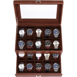 imageBEWISHOME 20 Slot Watch Box for Men Watch Case Watch Display Case with Real Glass Lid 2 Layers Watch Holder Organizer Metal Hinge Brown Leather SSH24Z
