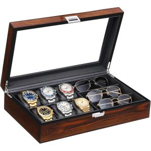 imageBEWISHOME 6Slot Watch Box 3 Mens Jewelry Box Watch Box Organizer for Men Watch Case with Glass Lid Watch Travel Case Removable Watch Pillows Watch Display Case Watch Storage Brown SSH15Y