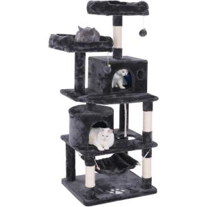 imageBEWISHOME Cat Tree Condo Tower Kitten Furniture Activity Center Pet Kitty Play House with Sisal Scratching Posts Perches Hammock Grey MMJ01B