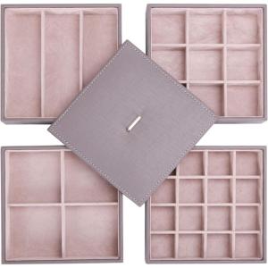 imageBEWISHOME Jewelry Organizer Tray Stackable Earring Storage Trays with Lid for Dresser and Drawer 32 Slots for Rings Earrings Necklaces Bracelets and Watches Set of 4 Black SSH81BJewelry tray with lidGrey