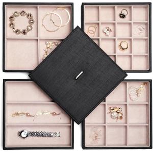 imageBEWISHOME Jewelry Organizer Tray Stackable Earring Storage Trays with Lid for Dresser and Drawer 32 Slots for Rings Earrings Necklaces Bracelets and Watches Set of 4 Black SSH81BJewelry tray with lidBlack