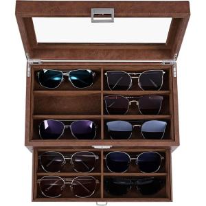 imageBEWISHOME Sunglasses Organizer 12 Slots Sunglasses Case for Women Men Eyeglasses Eyewear Display Case with Clear Glass Top Faux LeatherBrown SSH48ZFaux Leather
