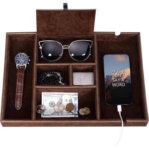 imageBEWISHOME Valet Tray for Men Dresser Organizer Nightstand Organizer Desktop Storage Organizer with Large Smartphone Charging Station 6 Compartments Carbon Fiber Faux LeatherBlack SSH16CBrown