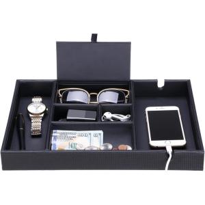 imageBEWISHOME Valet Tray for Men Dresser Organizer Nightstand Organizer Desktop Storage Organizer with Large Smartphone Charging Station 6 Compartments Carbon Fiber Faux LeatherBlack SSH16CBlack