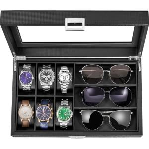 imageBEWISHOME Watch Box 6Slot Watch Case and 3Slots Sunglasses Box for Men Sunglasses Storage with Large Glass Lid Jewelry Box for Men Women Brown SSH18ZCarbor Fiber