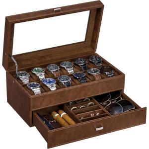 imageBEWISHOME Watch Box for Men 12Slot Watch Case 2Layer Watch Case With Drawer Mens Jewelry Box with Large Glass Lid Watch Display Case Watch Holder Organizer Watch Storage for Men Women Espresso