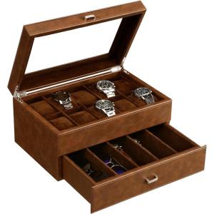 imageBEWISHOME Watch Box for Men Watch Case 10 Slots Watch Organizer with Drawer for Sunglass and Watch Storage Large Glass Top Faux LeatherBrown SSH34Z