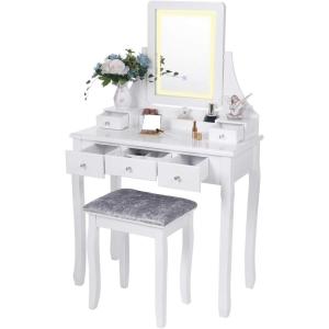 imageBEWISHOME Vanity Set with Mirror ampamp Cushioned Stool Dressing Table Vanity Makeup Table 5 Drawers 2 Dividers Movable Organizers White FST01Wlight strip