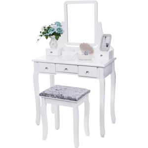 imageBEWISHOME Vanity Set with Mirror ampamp Cushioned Stool Dressing Table Vanity Makeup Table 5 Drawers 2 Dividers Movable Organizers White FST01Wwithout light