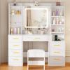 imageBEWISHOME Large Vanity Desk with Mirror and LightsWhite Makeup Vanity Table with Power OutletMakeup Desk with 8 Drawers7 Open Shelves12 HooksNightstand and StoolDressing Table for Bedroom FST53W