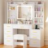 imageBEWISHOME Large Vanity Desk with Mirror and LightsWhite Makeup Vanity Table with Power OutletMakeup Desk with 8 Drawers7 Open Shelves12 HooksNightstand and StoolDressing Table for Bedroom FST53W