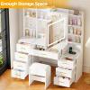 imageBEWISHOME Large Vanity Desk with Mirror and LightsWhite Makeup Vanity Table with Power OutletMakeup Desk with 8 Drawers7 Open Shelves12 HooksNightstand and StoolDressing Table for Bedroom FST53W
