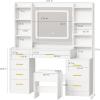 imageBEWISHOME Large Vanity Desk with Mirror and LightsWhite Makeup Vanity Table with Power OutletMakeup Desk with 8 Drawers7 Open Shelves12 HooksNightstand and StoolDressing Table for Bedroom FST53W