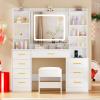 imageBEWISHOME Large Vanity Desk with Mirror and LightsWhite Makeup Vanity Table with Power OutletMakeup Desk with 8 Drawers7 Open Shelves12 HooksNightstand and StoolDressing Table for Bedroom FST53W