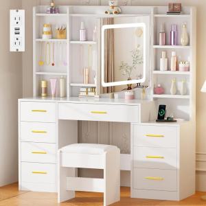 imageBEWISHOME Large Vanity Desk with Mirror and LightsWhite Makeup Vanity Table with Power OutletMakeup Desk with 8 Drawers7 Open Shelves12 HooksNightstand and StoolDressing Table for Bedroom FST53W