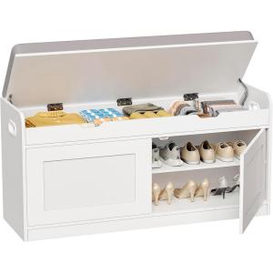 imageBEWISHOME Shoe Bench with Lift Top Storage 2Tier Storage Bench with Adjustable Shelf Entryway Bench with Padded Seat Cushion Wooden Shoe Organizer for Entryway Living Room Bedroom Hallway White