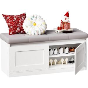 imageBEWISHOME Shoe Storage Bench Shoe Bench with Padded Seat Cushion 500 LB Capacity 2Tier Storage Bench for Entryway Entryway Bench with Adjustable Shelf for Living Room Bedroom Hallway White KHD01W